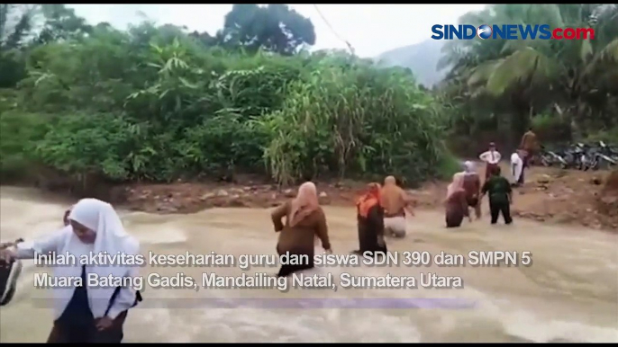 Viral, Guru Bantu Siswa Seberangi Sungai Berarus Deras di Madina