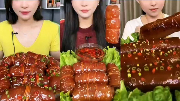 ASMR Chinese YUMMY FOOD——Spicy Pork Skin Rolls, Chinese Food Eating, Yummy Food, Spicy Food.