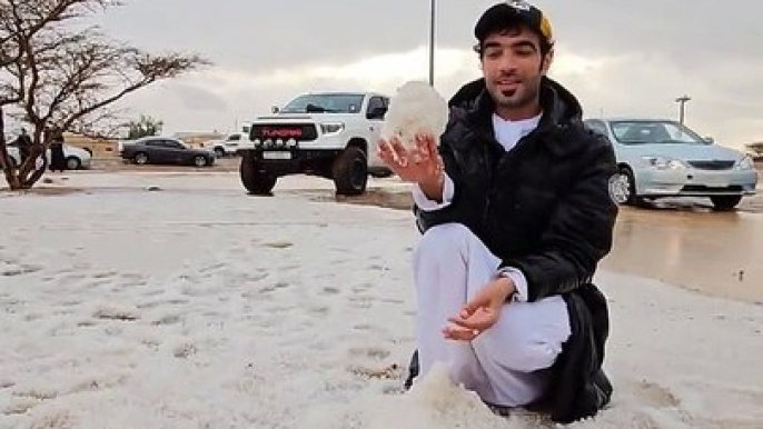 Watch: Cars stuck on 'snowy' roads, residents playing in hail; extreme weather hits Saudi Arabia