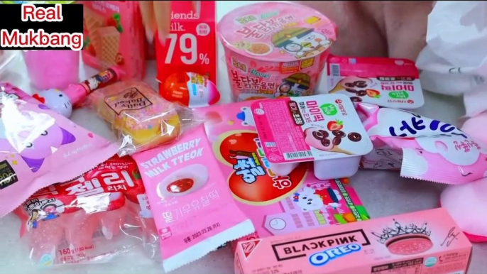 ASMR MUKBANG Pink Desserts in Convenience store (Strawberry, Oreo Tiramisu, Ice cream, Jelly).