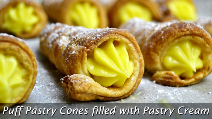 Puff Pastry Cones filled with Pastry Cream - Easy Homemade Cream Horns Recipe