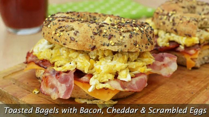 Toasted Bagels with Bacon, Cheddar & Scrambled Eggs - Easy Breakfast Sandwiches Recipe