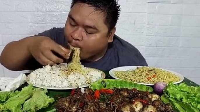 Mukbang 1 Kg Spicy Stir-fried Baby Cuttlefish + Spicy Boiled Noodles + Rice