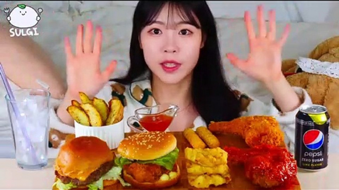 ASMR MUKBANG Cheese Burger, Chicken Burger, Seasoned Thigh chicken, Cheese sticks, Nugget.