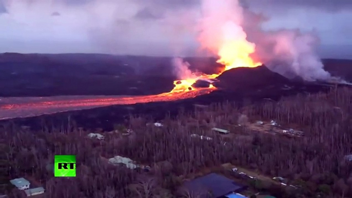 Apocalyptic Scenes: Kilauea volcano lava river flows in Hawaii