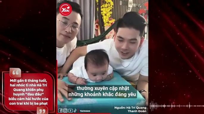 Mới gần 6 tháng tuổi, hai nhóc tì nhà Hà Trí Quang khiến phụ huynh "đau đầu" biểu cảm hài hước của con trai khi bị ba phạt