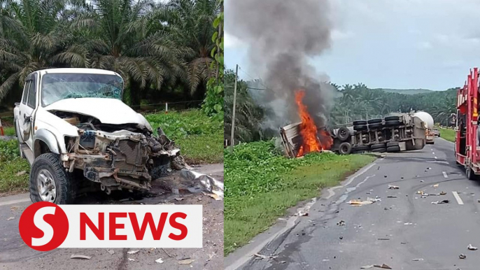 Trailer catches fire after three-vehicle collision in Lahad Datu