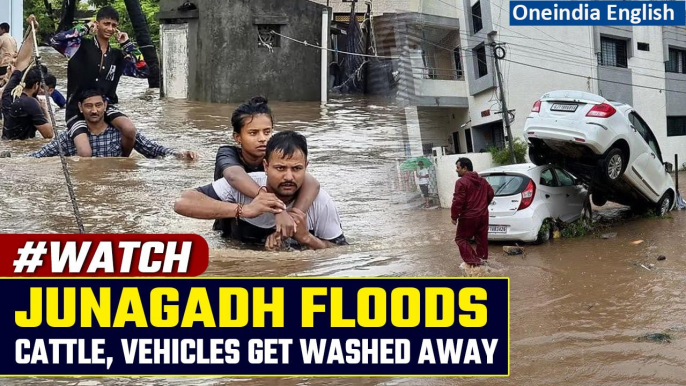 Gujarat Floods: Heavy rains trigger flash floods in Junagadh, cars swept away | Oneindia News