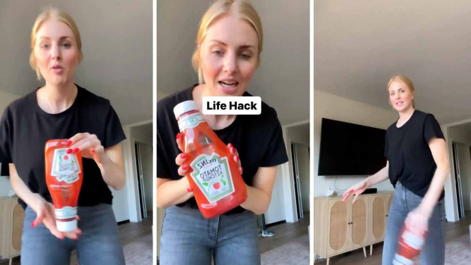 In kurzem und lustigem Video zeigt Frau Trick, um die Ketchup-Flasche bis zum letzten Tropfen zu leeren