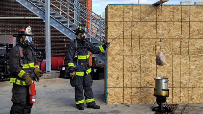 Dangers of deep frying Thanksgiving turkey demonstrated by Chicago Fire Department