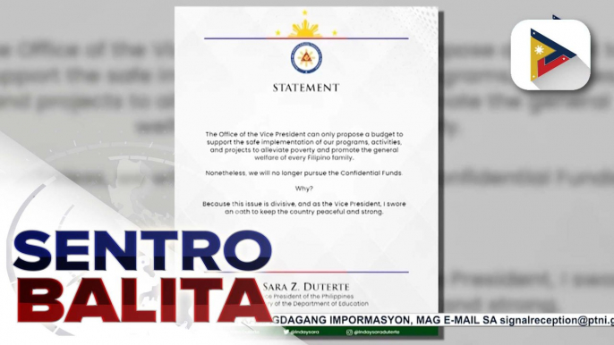 VP Sara Duterte, ipinaliwanag ang dahilan kung bakit hindi na isusulong ang CIF ng OVP at DepEd