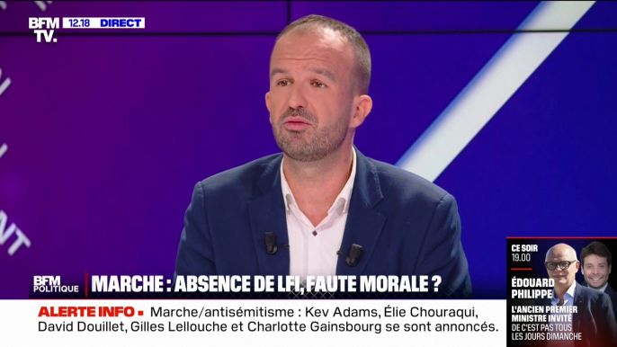 "Si on veut manifester contre l'antisémitisme pourquoi faire un lien avec ce qui se passe en Palestine et en Israël?": Manuel Bompard justifie son absence à la marche contre l'antisémitisme