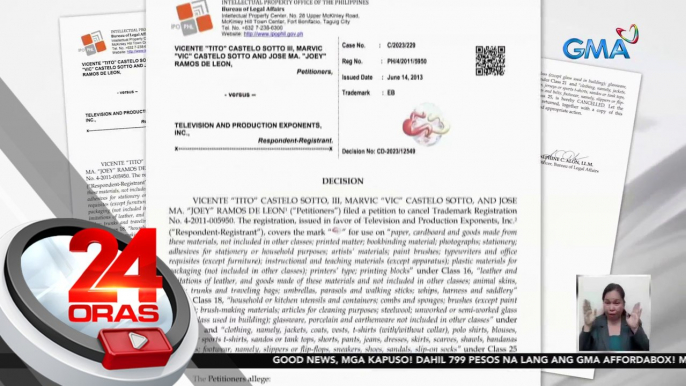 Trademark registration ng TAPE Inc. sa "Eat Bulaga" at "EB," kinansela ng IPOPHIL | 24 Oras