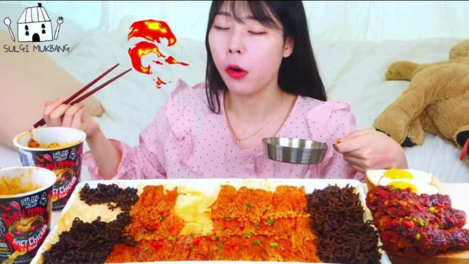 ASMR MUKBANG| Fire spicy Mushroom, Ghost pepper Ramen, Seasoned Chicken, Fried eggs