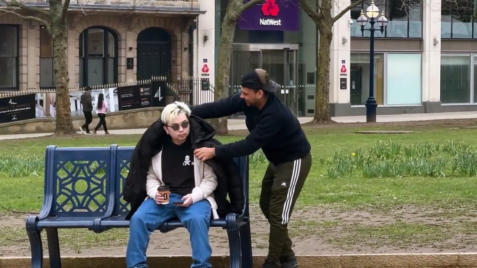 Secretly filming strangers- placing jacket on people- joker pranks latest 2023