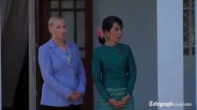 Aung San Suu Kyi and Hilary Clinton hug during US Secretary of States visit to Burma Myanmar