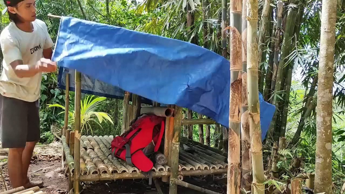 Solo camping in heavy rain all day || Renovating bamboo shelter while being hit by heavy rain