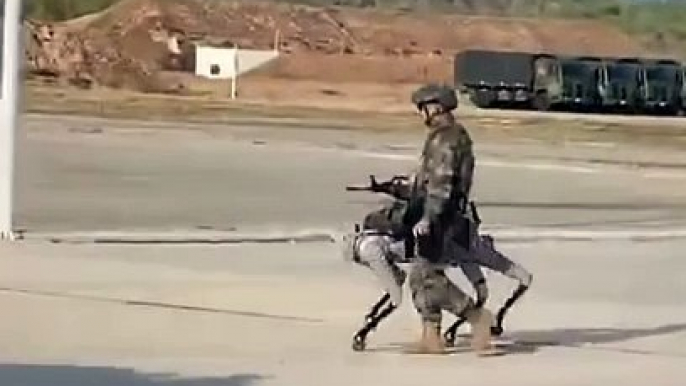Один из китайских военных "выгуливает" робособаку с пулеметом.