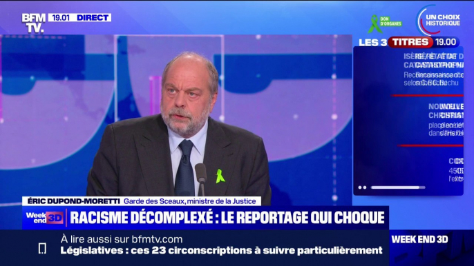 Propos racistes envers Divine Kinkiela: "Il n'y a pas d'idées racistes, il y a des infractions", affirme Éric Dupond-Moretti