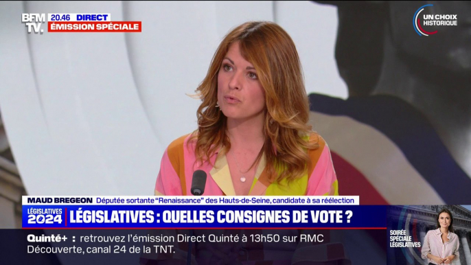 "Jamais je n'appellerais à voter pour le Rassemblement national, mais jamais je n'appellerais à voter pour la France insoumise", assure Maud Bregeon (Renaissance)