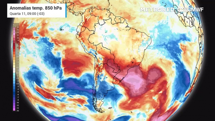 Previsão de anomalia de temperatura em 850 hPa até sexta-feira (13)