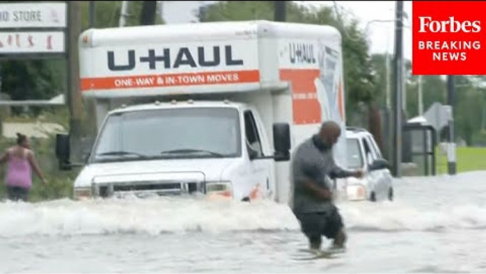 Flooding From Hurricane Beryl Makes Roadways Nearly Impassable For Pedestrians And Motorists