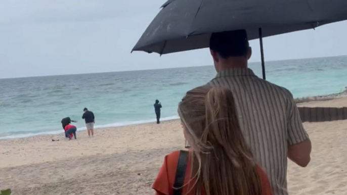 Kindhearted woman delighted to discover that the roses on the beach were for her surprise engagement