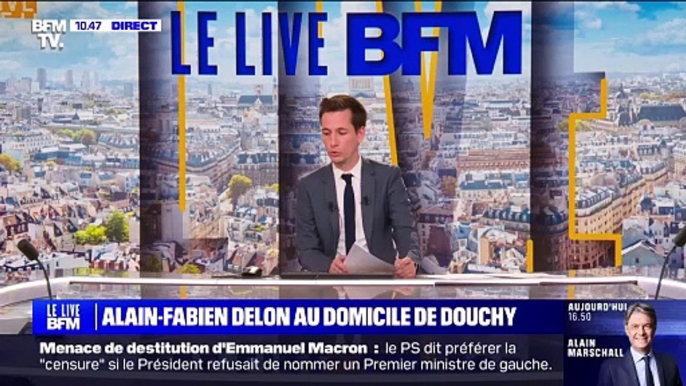 Alain-Fabien Delon très ému devant le portail du domaine de Douchy où son père Alain Delon est mort.