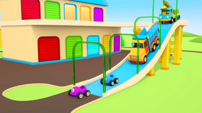 Cars and trucks install street lights for racing cars for kids. Helper cars cartoons for kids