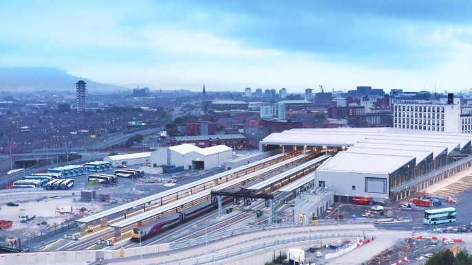 The Dublin-Belfast Enterprise train arrives at the new Grand Central Station for track testing