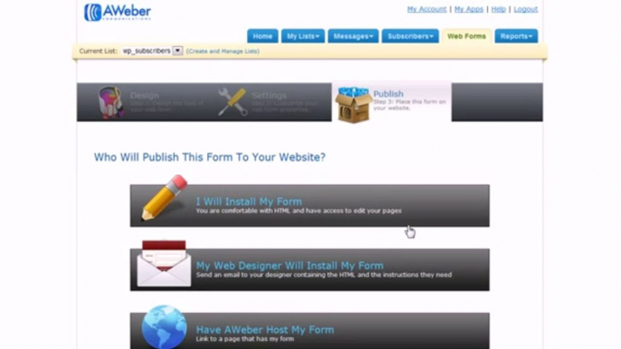Aweber : create a web form for WP Subscribers