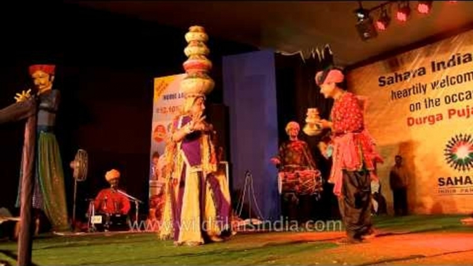 Balancing Queen! Woman dancing with 5 earthen pots on her head - Durga Puja Celebrations in CR park