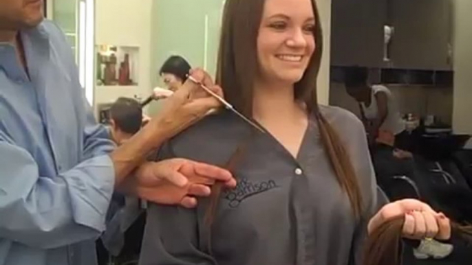 haircut onlong haired brunnette gets hair chopped off