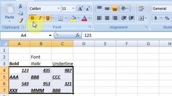 Lesson 05 Bold Italic Underline Microsoft Office Excel 2007 2010 free Educational video Training Tutorials in Urdu Hindi language