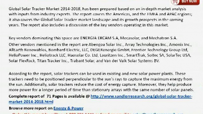 Global Solar Tracker Market 2014-2018