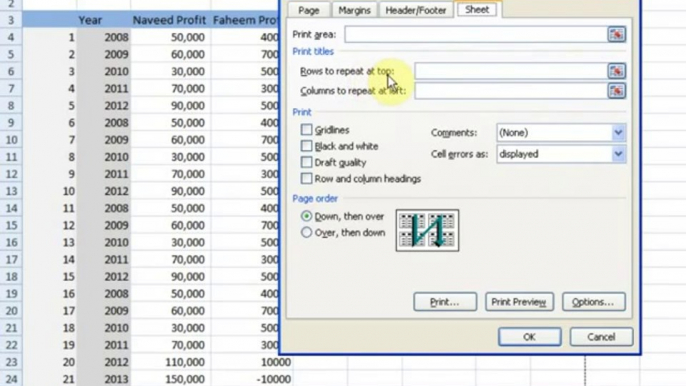 Ms Excel Lesson # 72 The Print Titles Page Setup(Urdu _ Hindi)