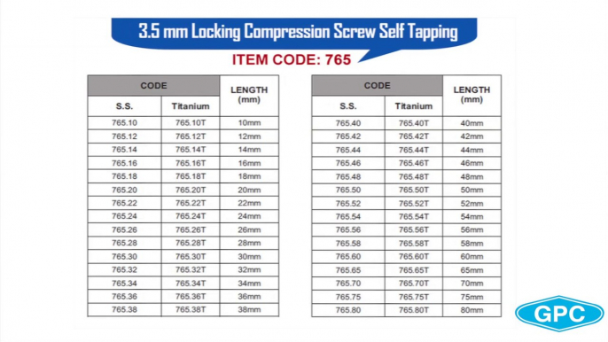 Locking Compression Screws 3.5mm dia, Self Tapping, Stainless Steel