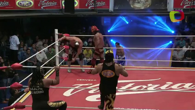 Blue Panther, Fuego, Sagrado vs Dragón Rojo Jr., Ephesto, Mephisto