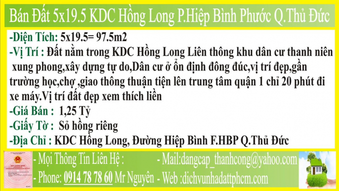 Bán Đất 5x19.5 KDC Hồng Long Phường Hiệp Bình Phước Quận Thủ Đức,PHBP,FHBP,P.HBP,F.HBP,MT,HXH,P.Hiệp Bình Phước,F.Hiệp Bình Phước,Q Thủ Đức,