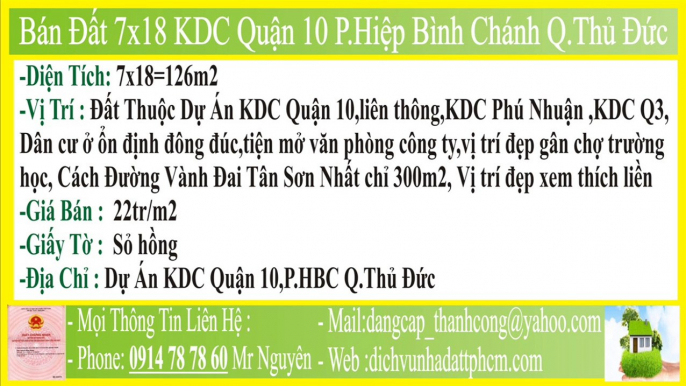 Bán Đất,7x18,KDC Quận 10,Q 10,Phường Hiệp Bình Chánh Quận Thủ Đức,PHBC,FHBC,P.HBC,F.HBC,MT,HXH,P.Hiệp Bình Chánh,F.Hiệp Bình Chánh,Q Thủ Đức,