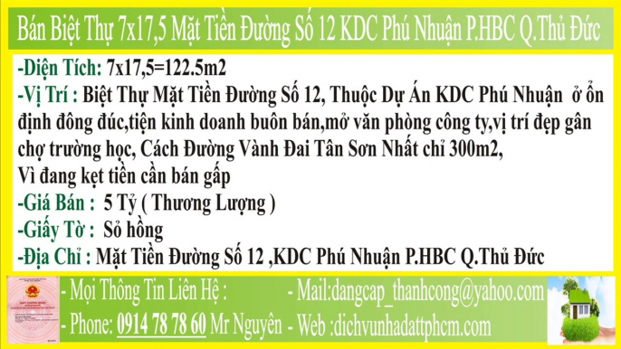 Bán Biệt Thự,7x17,5 Mặt Tiền Đường Số 12 KDC Phú Nhuận Phường Hiệp Bình Chánh Quận Thủ Đức,PHBC,FHBC,P.HBC,F.HBC,MT,HXH,P.Hiệp Bình Chánh,F.Hiệp Bình Chánh,Q Thủ Đức,