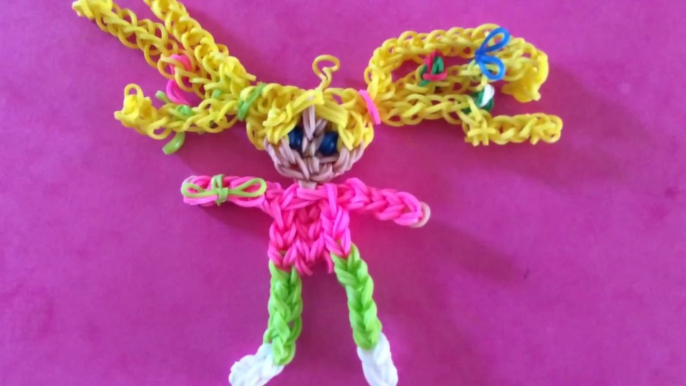 Poupée avec nœuds dans cheveux et petites fleurs :) Rainbow loom