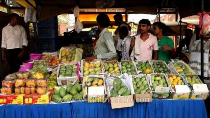 Visitors look at varieties of mangoes on display in Delhi