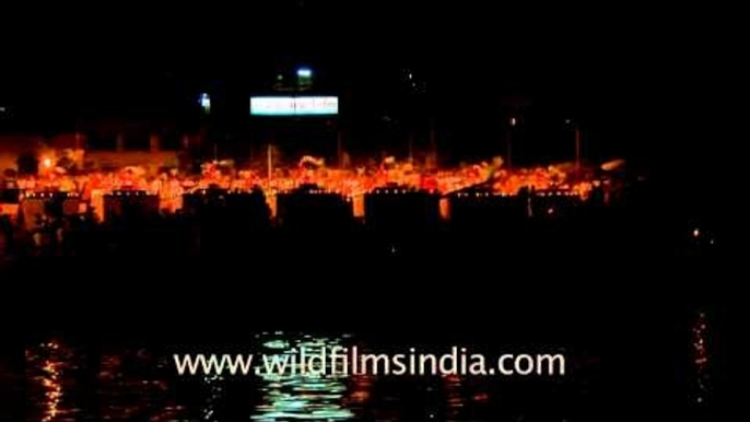 View of Ganga aarti from river Ganga - Varanasi