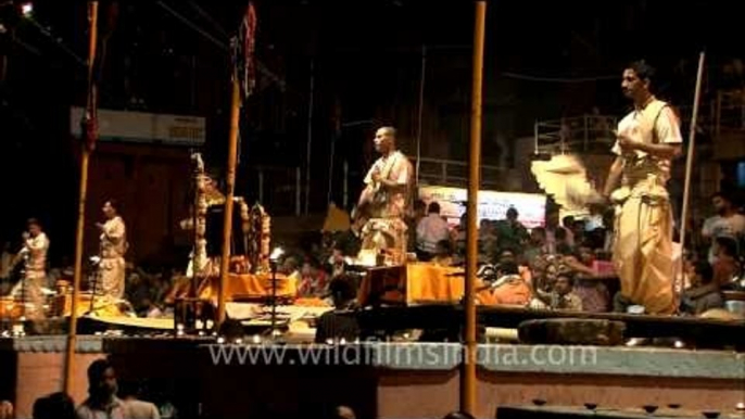 A group of priests perform "Agni Pooja" at Banaras Ghat