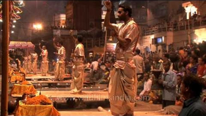 Priests performing Incense Puja at the Ganga aarti in Varanasi