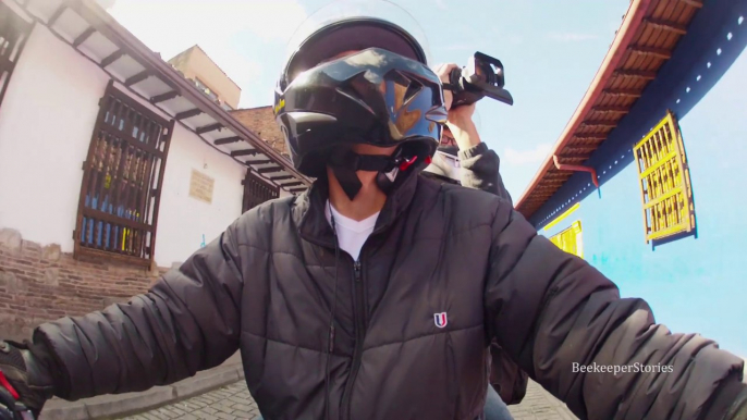 Motorcycle ride in La Candelaria, Bogotá, Colombia. January 2015