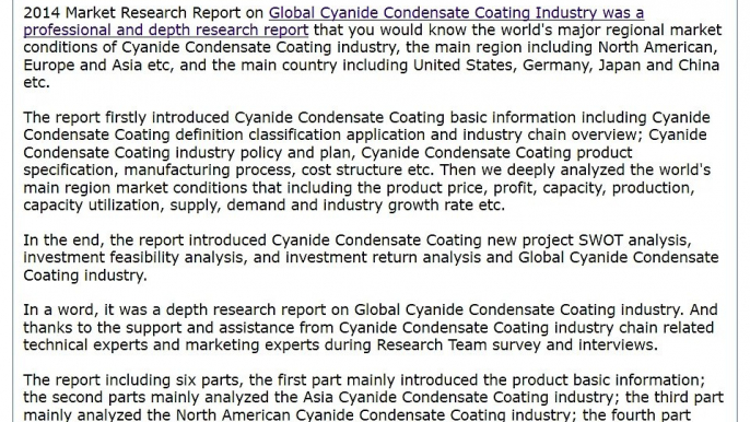 Global Cyanide Condensate Coating Market 2014 Size, Share, Growth, Trends, Demand and Forecast