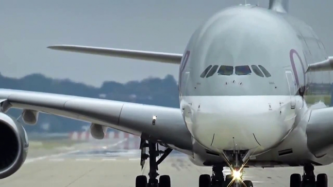 Qatar Airwaysv A380 Landing at Hamburg Finkenwerder (Hamburg plant of Airbus) Airport