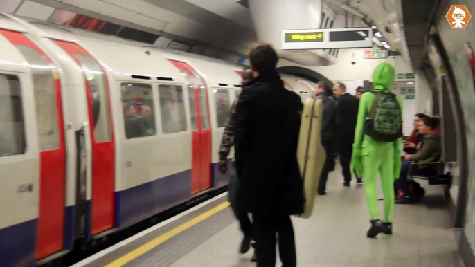 Football Hooligans prevent Green man boarding London metro train